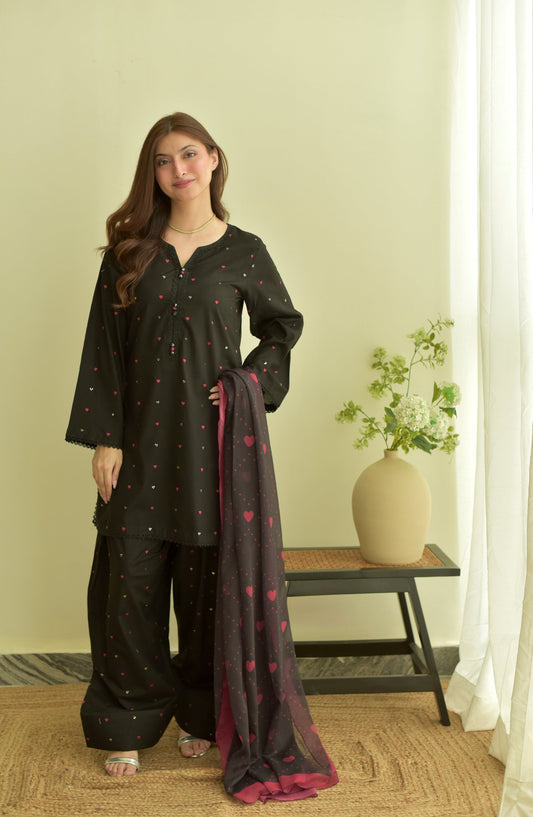 Black Heart Embroidered 3Pcs