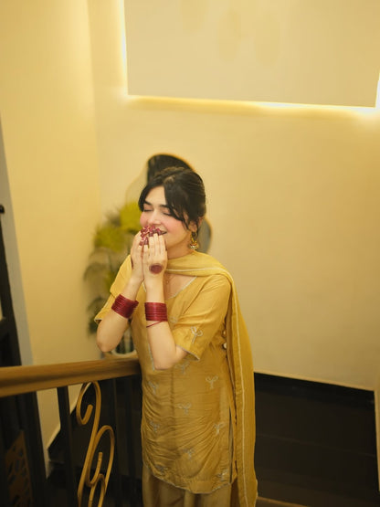 Mustard Emb 3Pcs