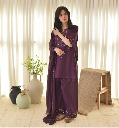 Decent Purple Embroidered 3Pcs ( Eid Special )
