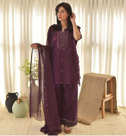 Decent Purple Embroidered 3Pcs ( Eid Special )